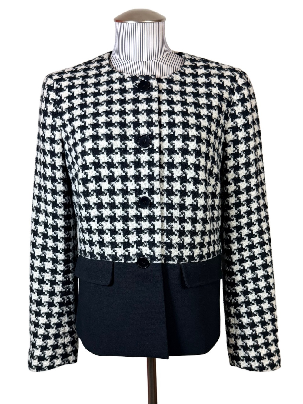 Talbots Colorblock Houndstooth Jacket Wool Blend Jewel Neck Flap Pockets 8